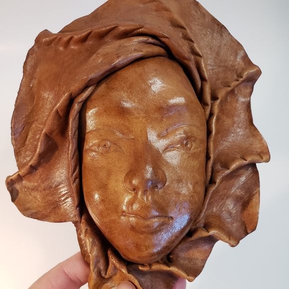 Vintage Leather Womens Face Mask Art Sculpture Wall Hanging - Picture 2 of 9